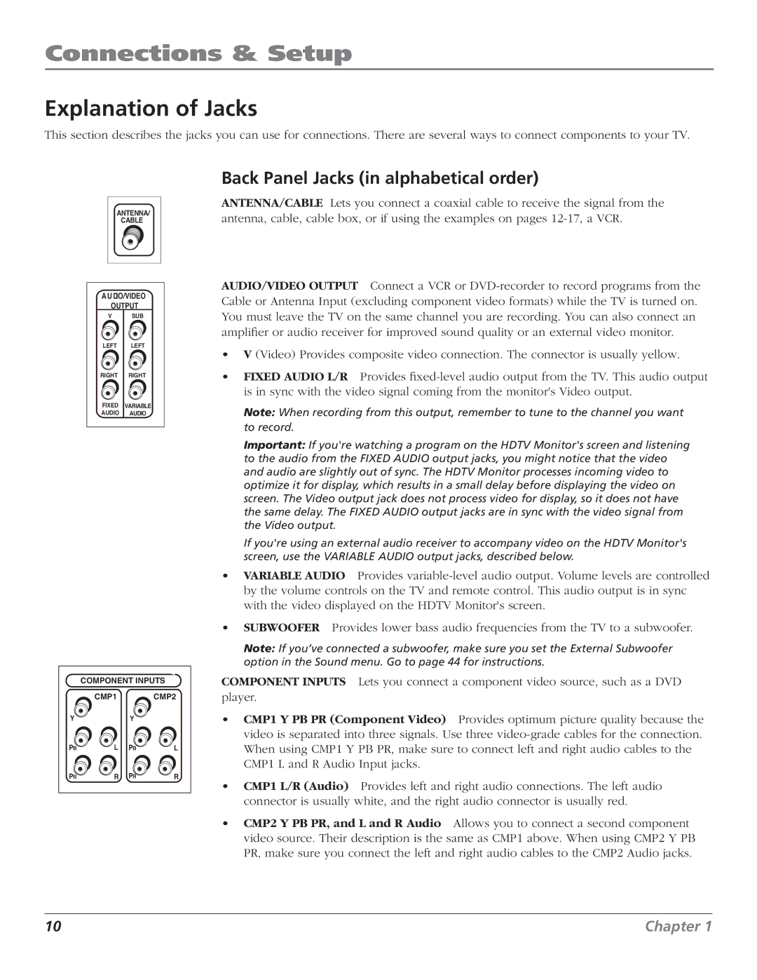 RCA D44LPW134 manual Explanation of Jacks, Back Panel Jacks in alphabetical order 