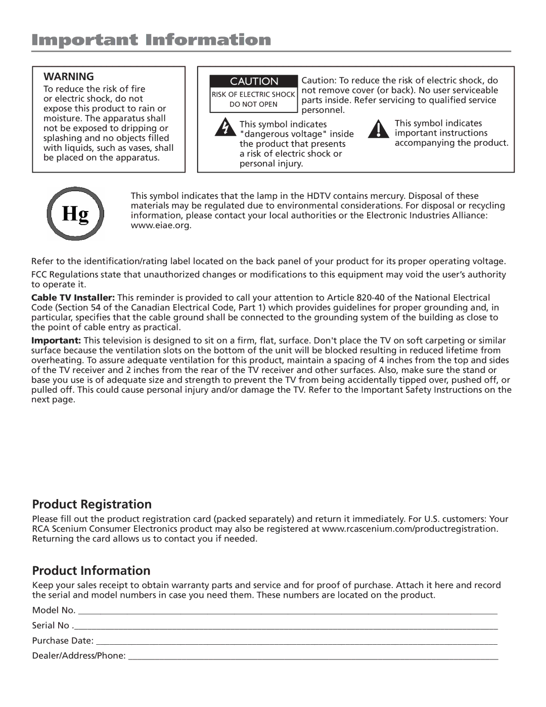 RCA D44LPW134 manual Important Information, Product Registration Product Information 