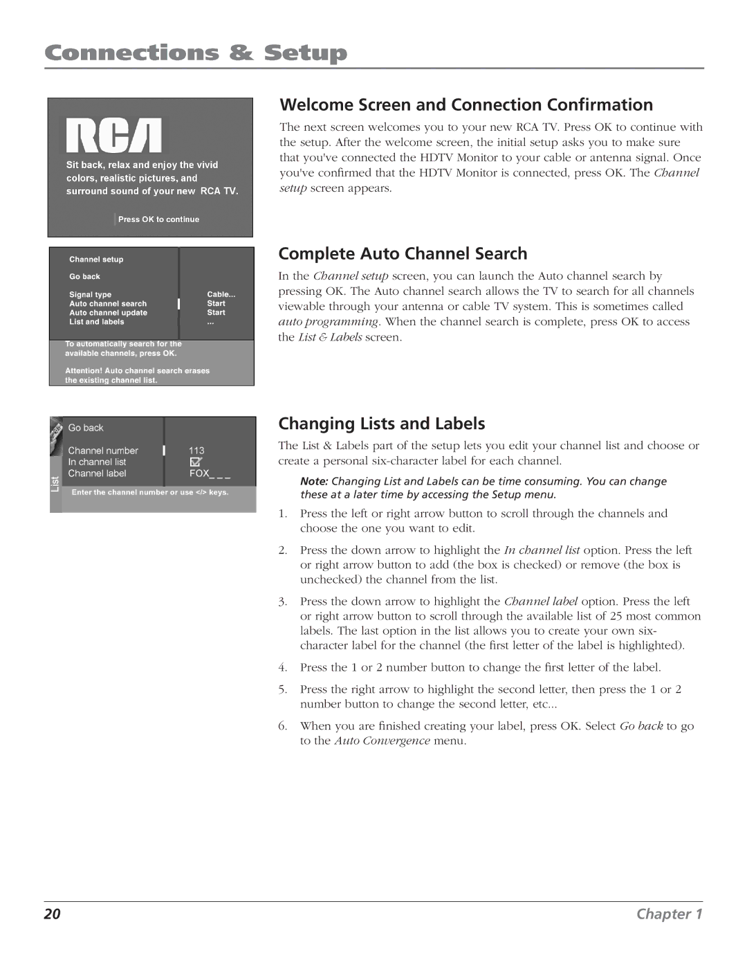 RCA D44LPW134 manual Welcome Screen and Connection Conﬁrmation, Complete Auto Channel Search, Changing Lists and Labels 