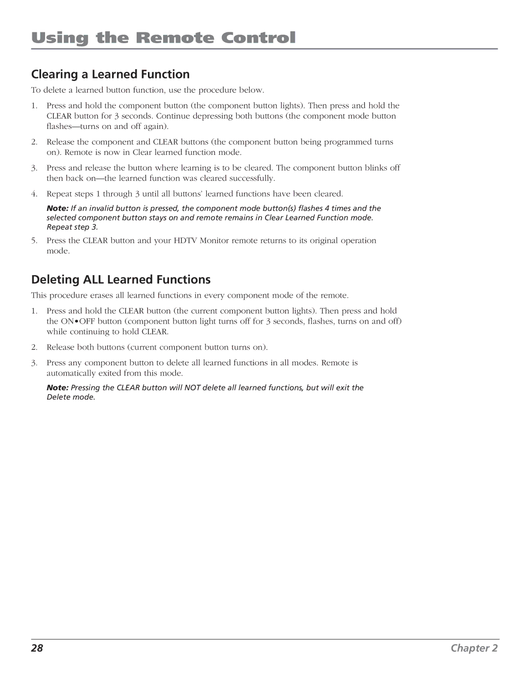 RCA D44LPW134 manual Clearing a Learned Function, Deleting ALL Learned Functions 