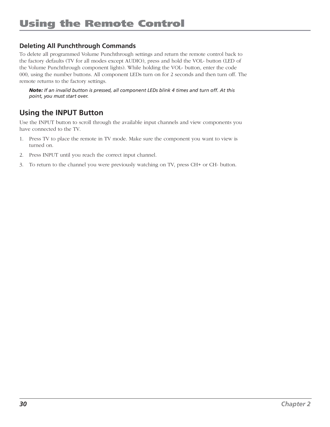 RCA D44LPW134 manual Using the Input Button, Deleting All Punchthrough Commands 