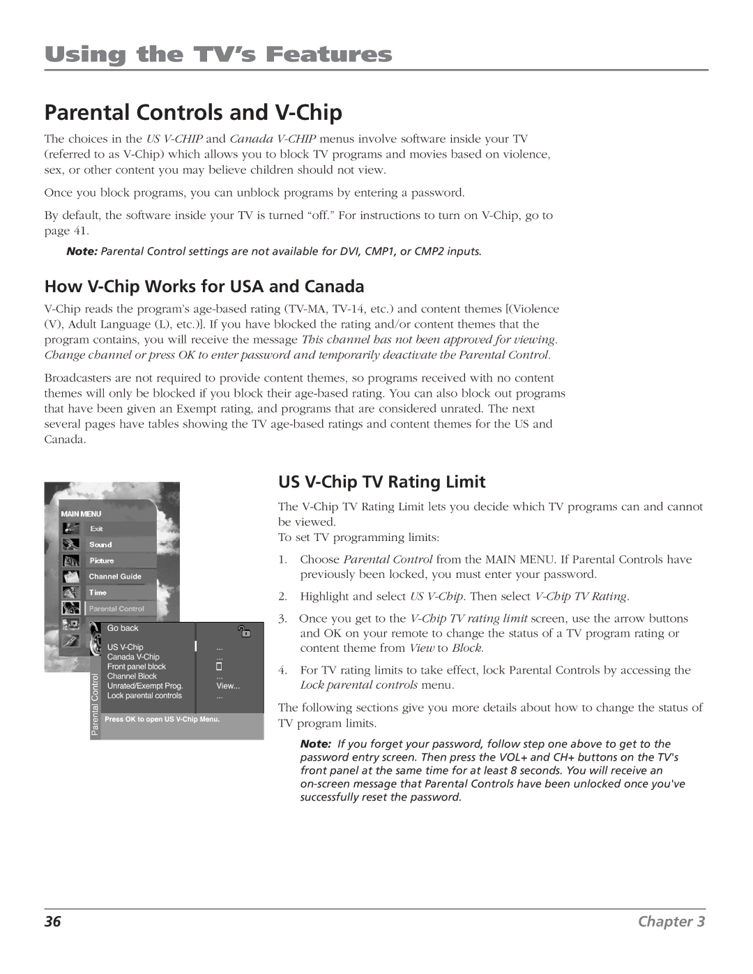 RCA D44LPW134 manual Parental Controls and V-Chip, How V-Chip Works for USA and Canada, US V-Chip TV Rating Limit 