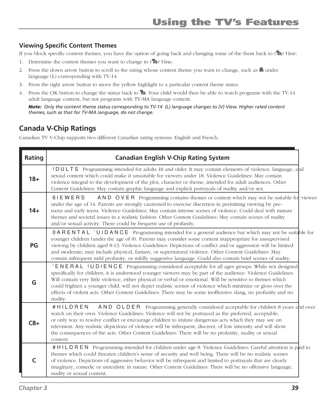 RCA D44LPW134 manual Canada V-Chip Ratings 