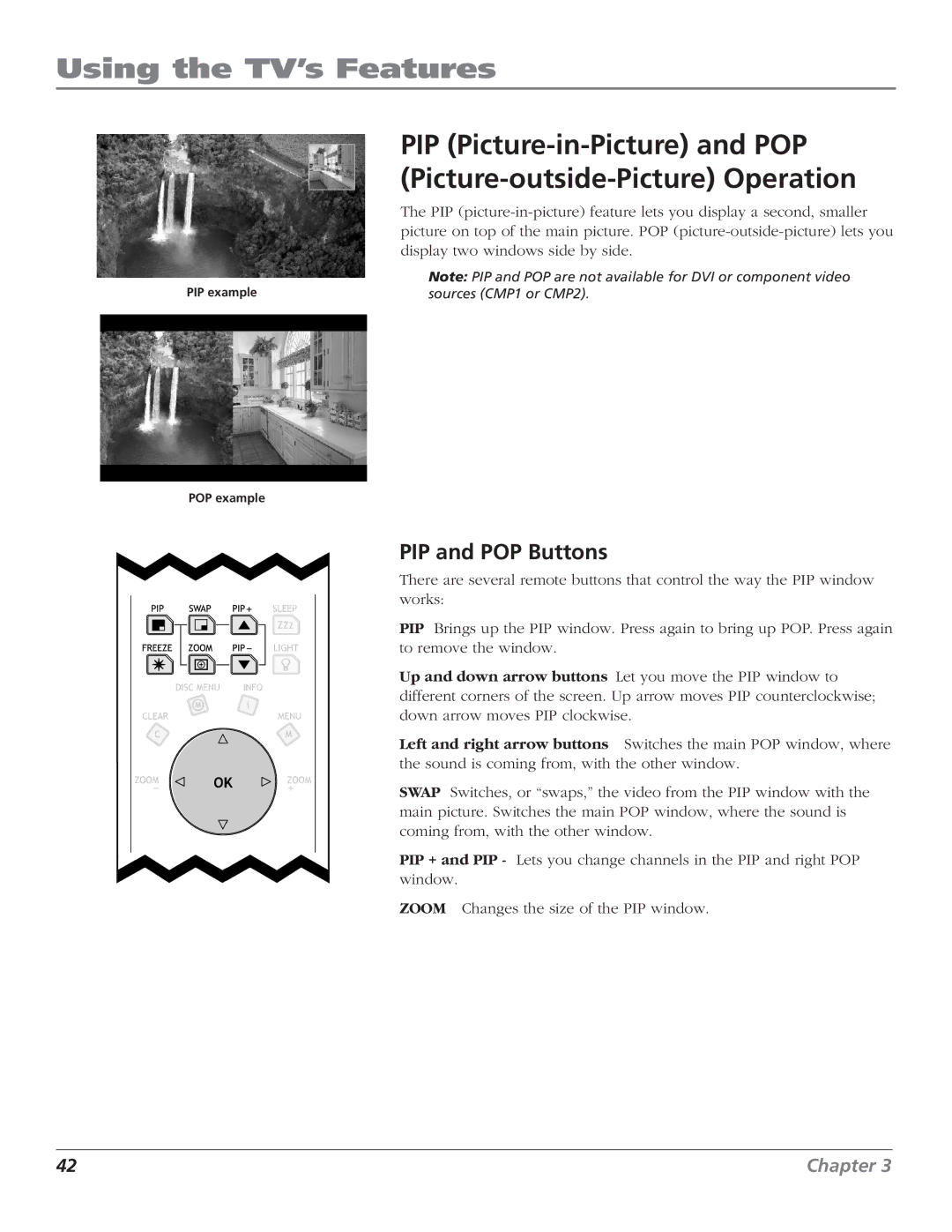 RCA D44LPW134 manual PIP Picture-in-Picture and POP, Picture-outside-Picture Operation, PIP and POP Buttons 