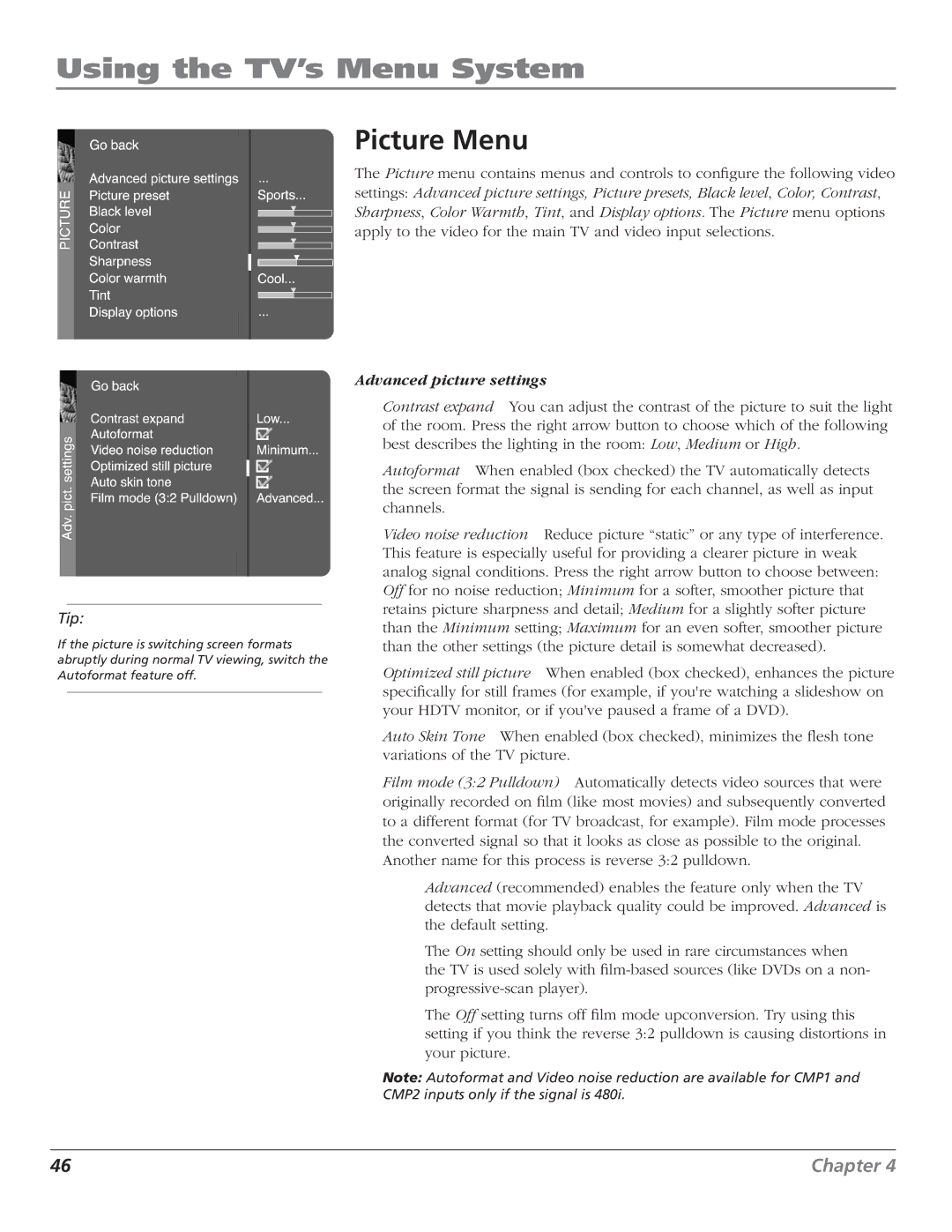 RCA D44LPW134 manual Picture Menu, Advanced picture settings 