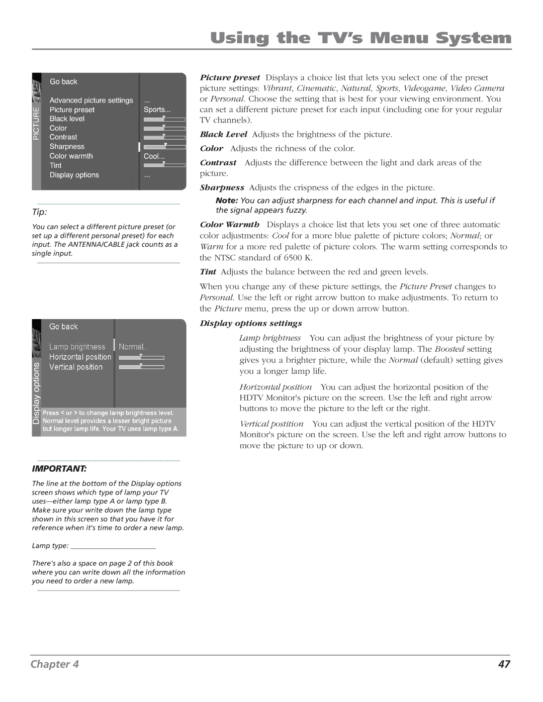 RCA D44LPW134 manual Display options settings 