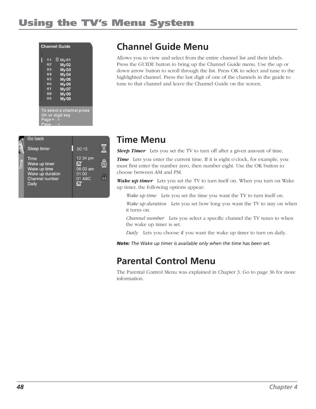 RCA D44LPW134 manual Channel Guide Menu, Time Menu, Parental Control Menu 