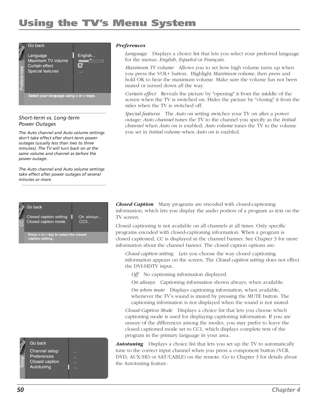 RCA D44LPW134 manual Preferences 