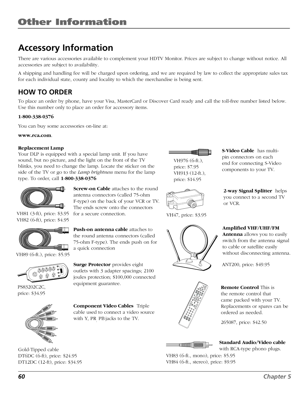 RCA D44LPW134 manual Accessory Information, HOW to Order 