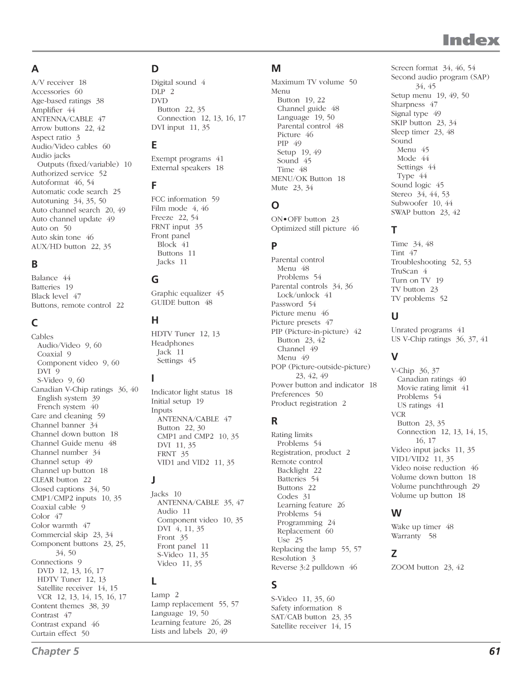 RCA D44LPW134 manual Index, Dvd 