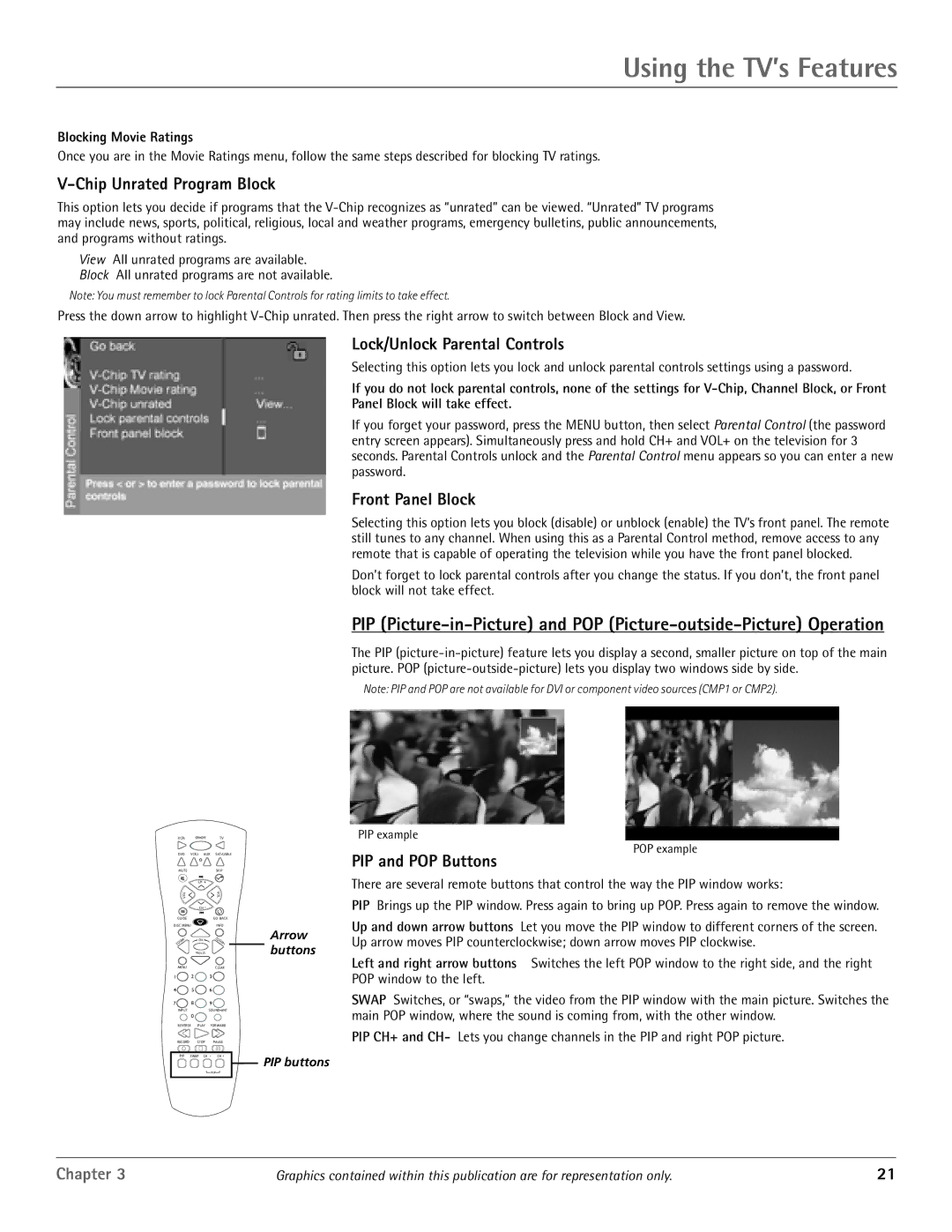 RCA D34W20, D44W20 manual Chip Unrated Program Block, Lock/Unlock Parental Controls, Front Panel Block, PIP and POP Buttons 