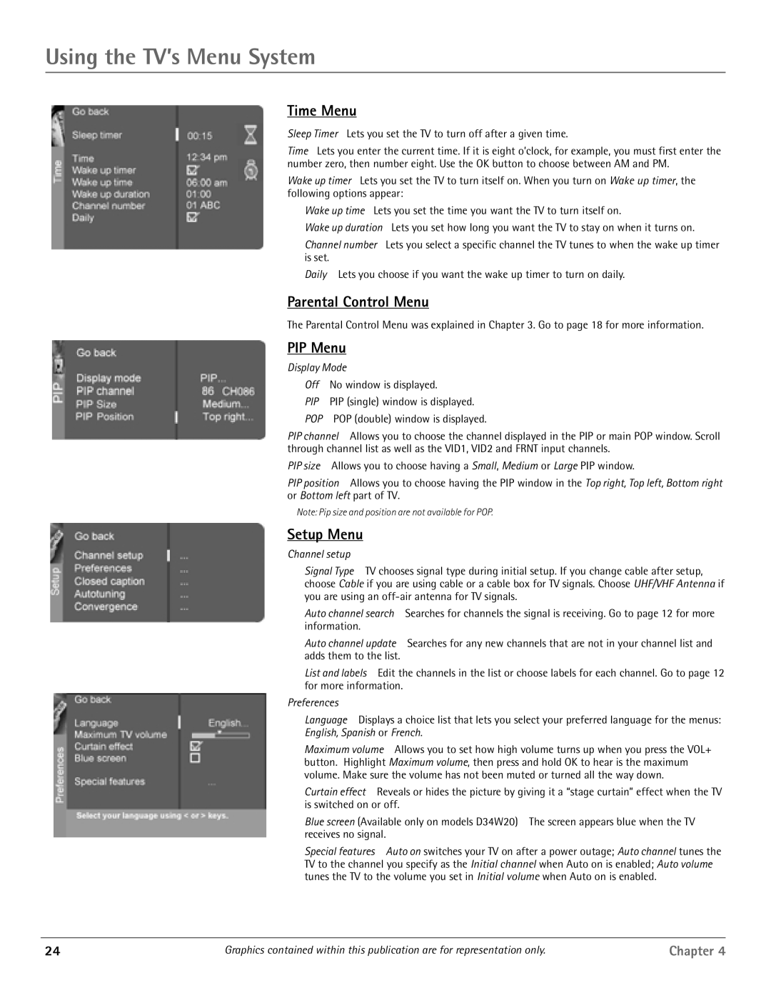 RCA D44W20, D34W20 manual Time Menu, Parental Control Menu, PIP Menu, Setup Menu 