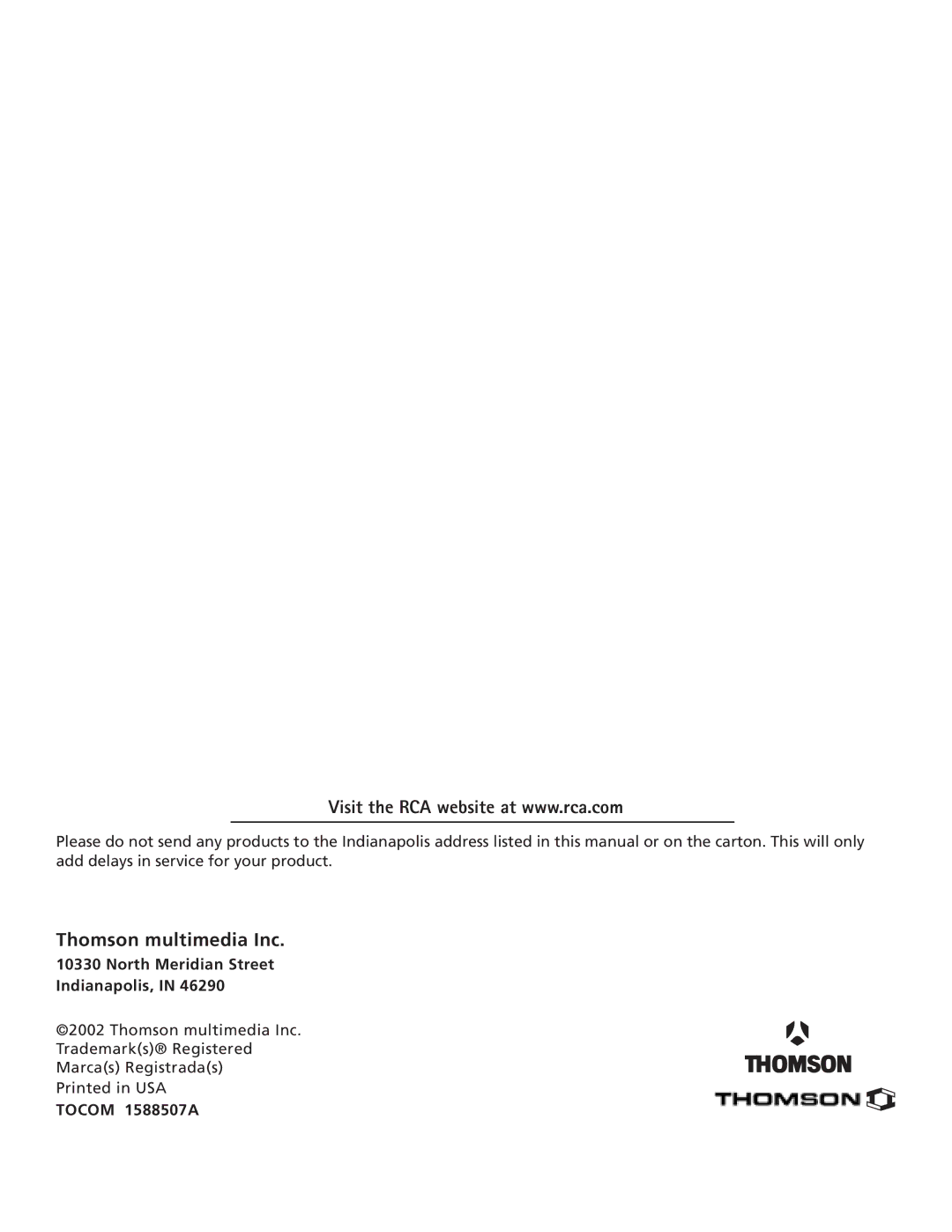RCA D44W20, D34W20 manual Thomson multimedia Inc, North Meridian Street Indianapolis, Tocom 1588507A 