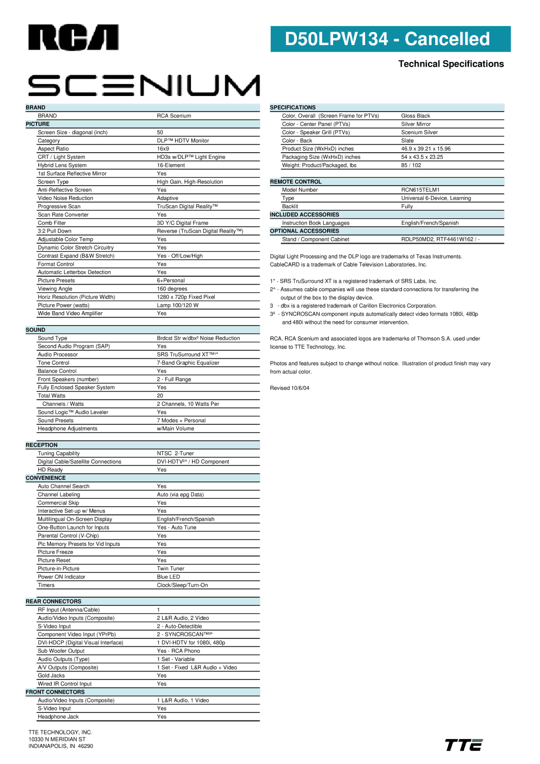 RCA D50LPW134 manual Brand, Picture, Sound, Reception, Convenience, Rear Connectors, Front Connectors, Specifications 