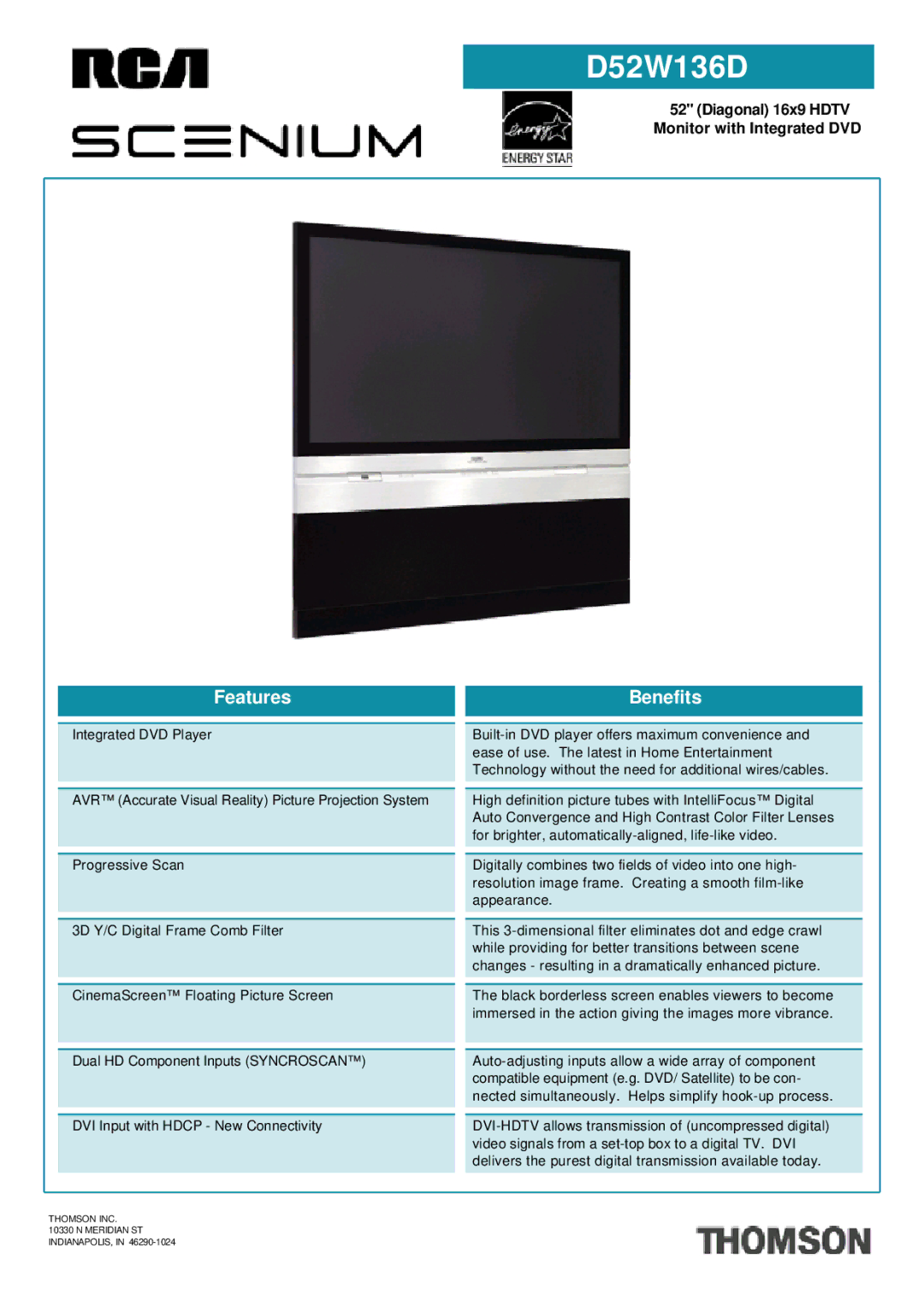 RCA D52W136D manual Features, Benefits, Thomson INC Meridian ST INDIANAPOLIS 