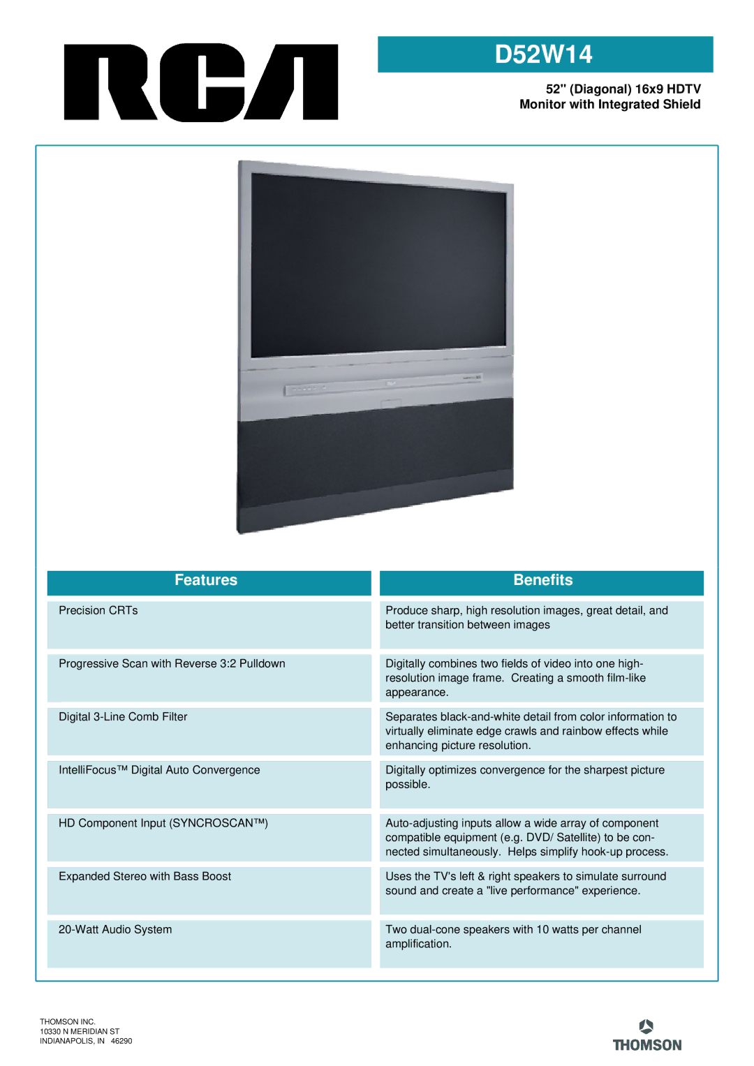 RCA d52w14 manual Features, Benefits 