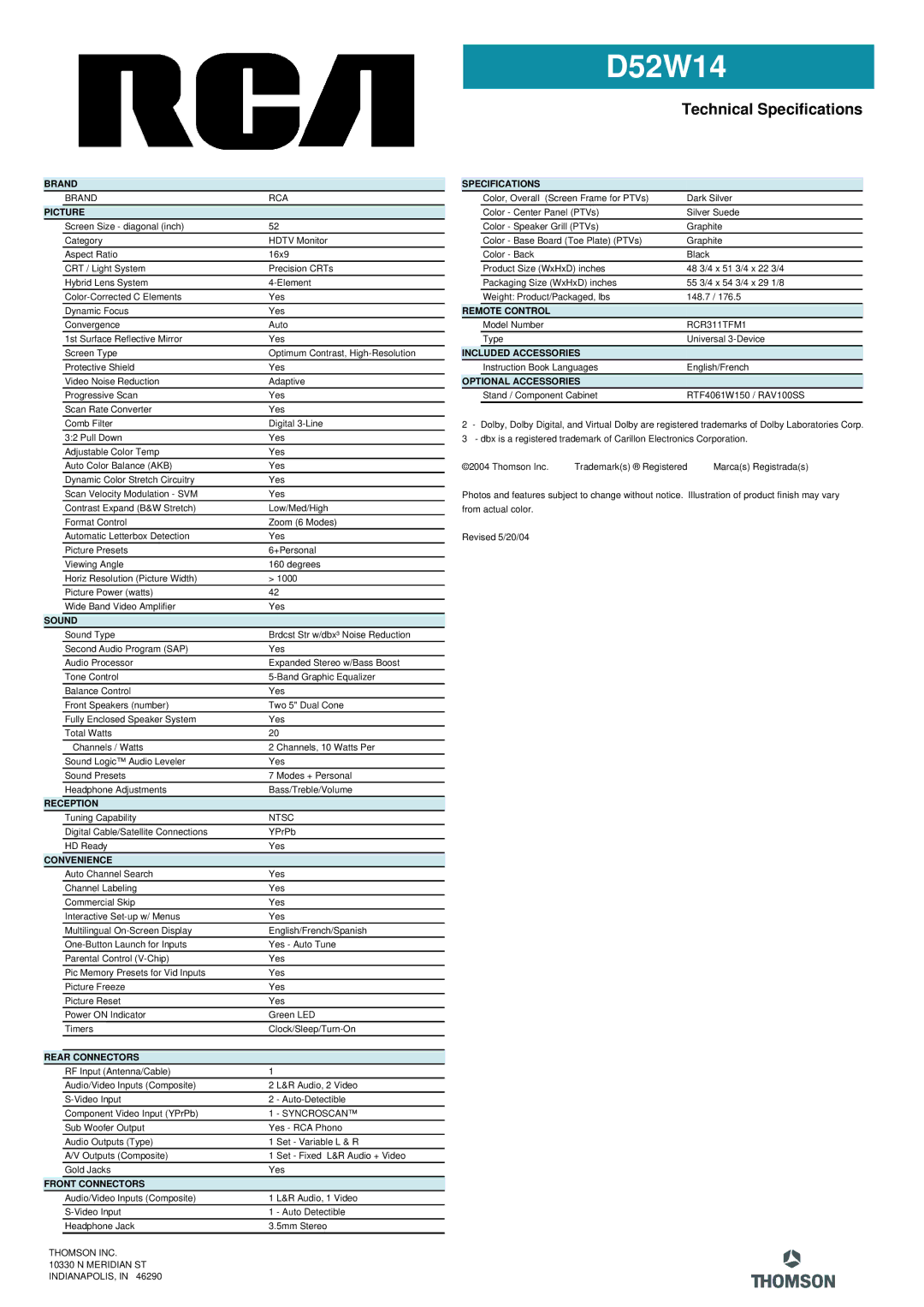 RCA d52w14 manual Brand, Picture, Sound, Reception, Convenience, Rear Connectors, Front Connectors, Specifications 
