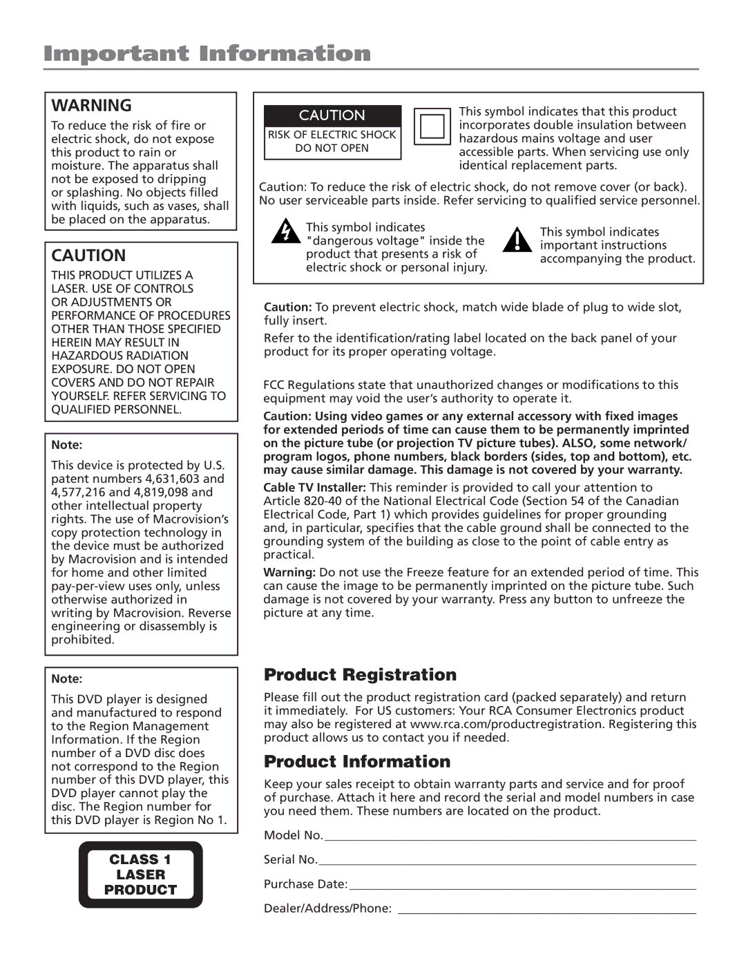 RCA D52W27D manual Important Information, Class Laser Product 