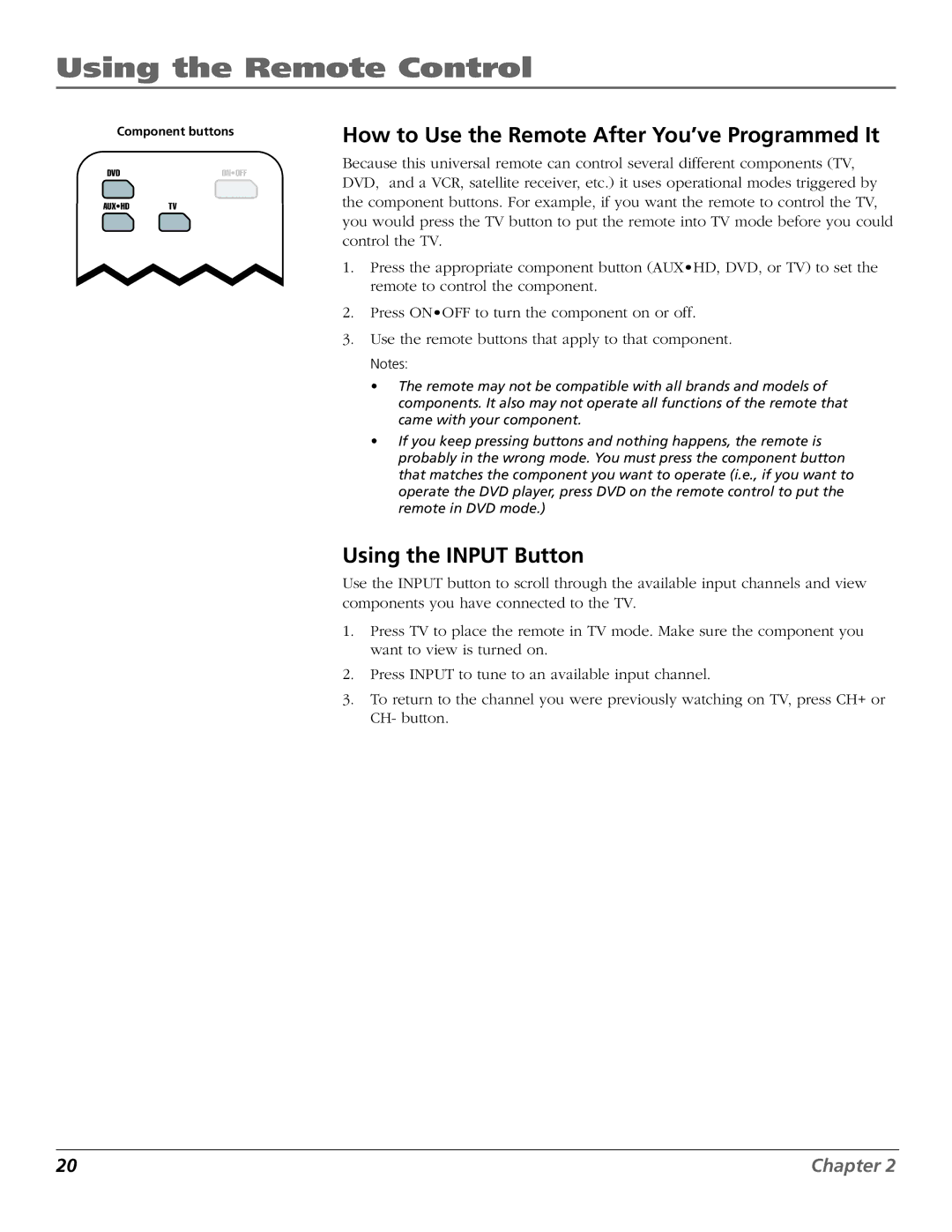 RCA D52W27D manual How to Use the Remote After You’ve Programmed It, Using the Input Button 