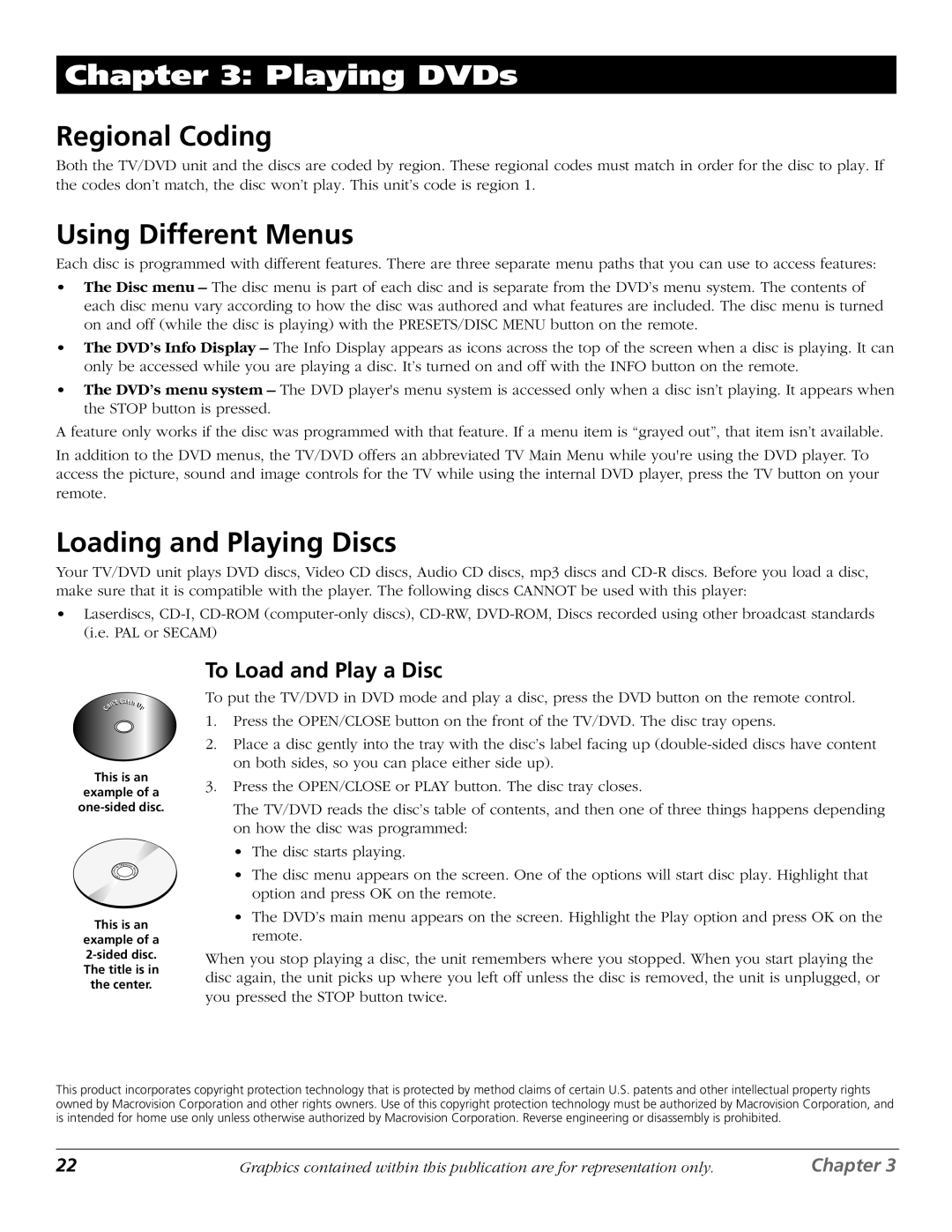 RCA D52W27D manual Playing DVDs, Regional Coding, Using Different Menus, Loading and Playing Discs, To Load and Play a Disc 