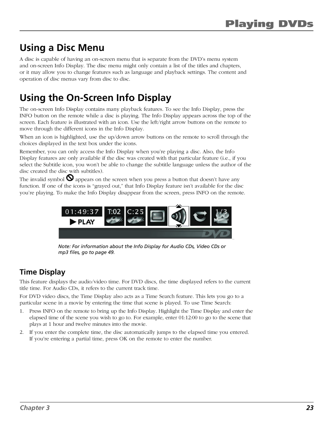 RCA D52W27D manual Playing DVDs, Using a Disc Menu, Using the On-Screen Info Display, Time Display 