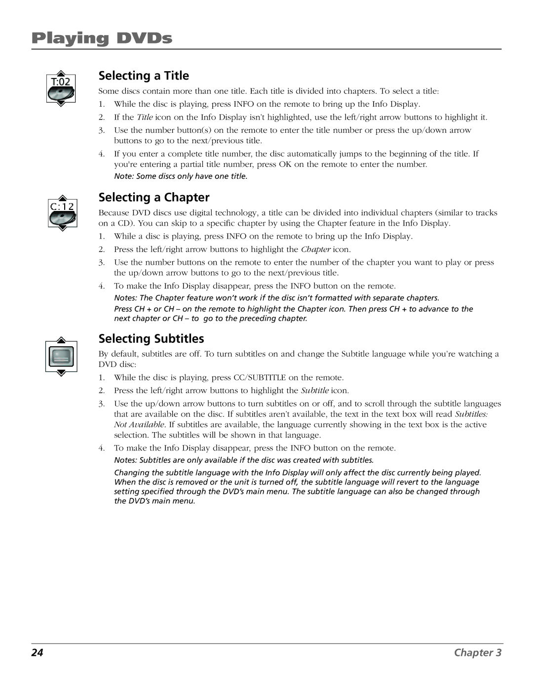 RCA D52W27D manual Selecting a Title, Selecting a Chapter, Selecting Subtitles 