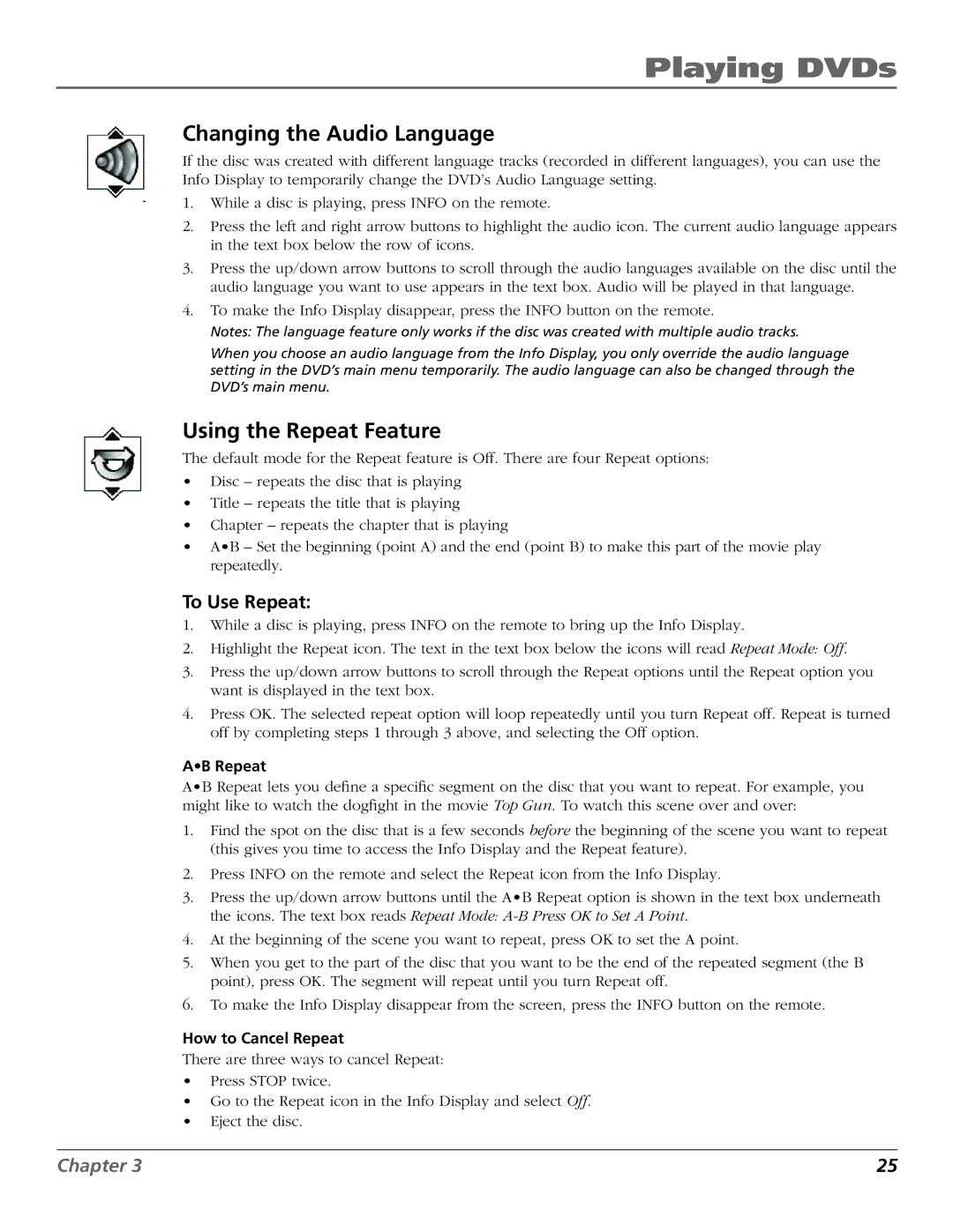 RCA D52W27D manual Changing the Audio Language, Using the Repeat Feature, To Use Repeat 