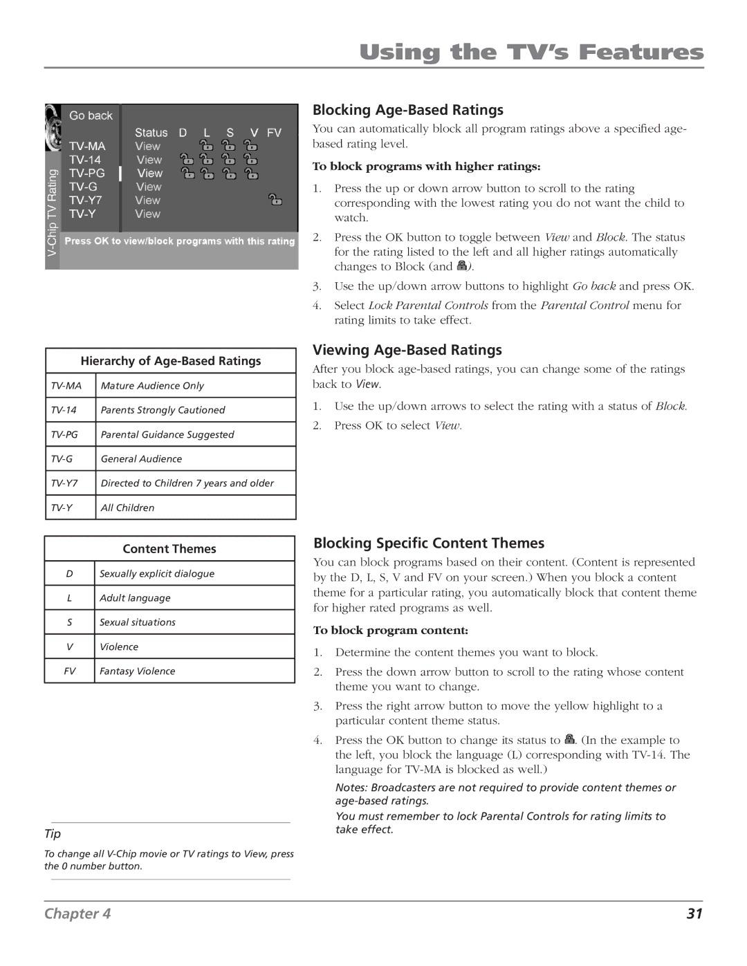 RCA D52W27D manual Blocking Age-Based Ratings, Viewing Age-Based Ratings, Blocking Specific Content Themes 