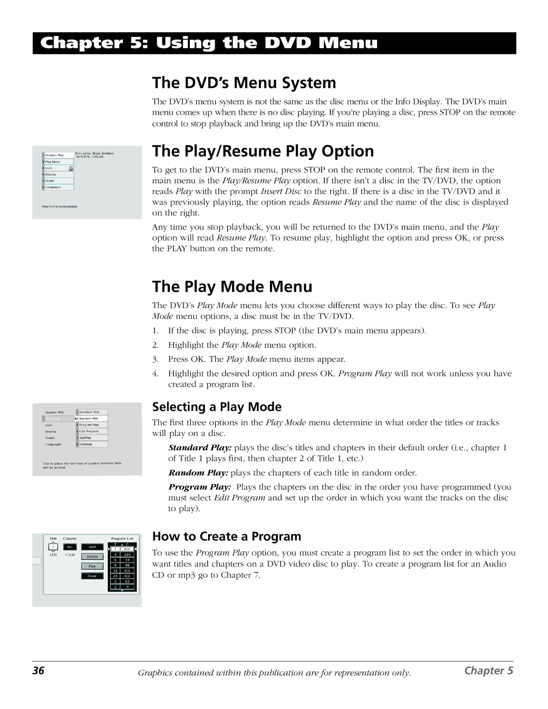 RCA D52W27D manual Using the DVD Menu, DVD’s Menu System, Play/Resume Play Option, Play Mode Menu 