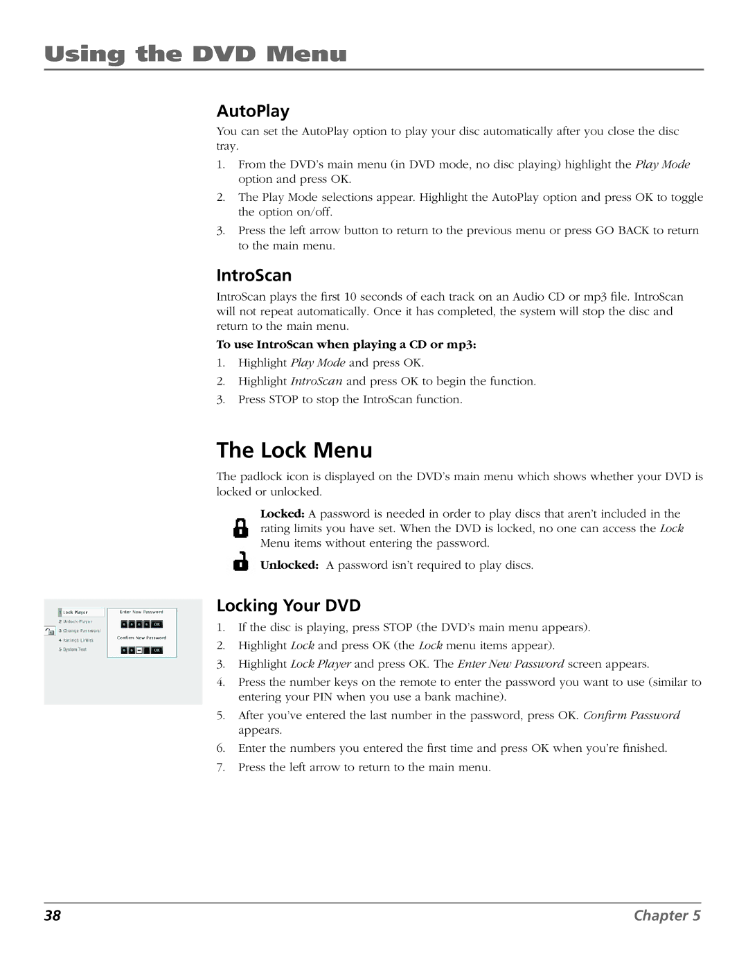 RCA D52W27D manual Lock Menu, AutoPlay, Locking Your DVD, To use IntroScan when playing a CD or mp3 