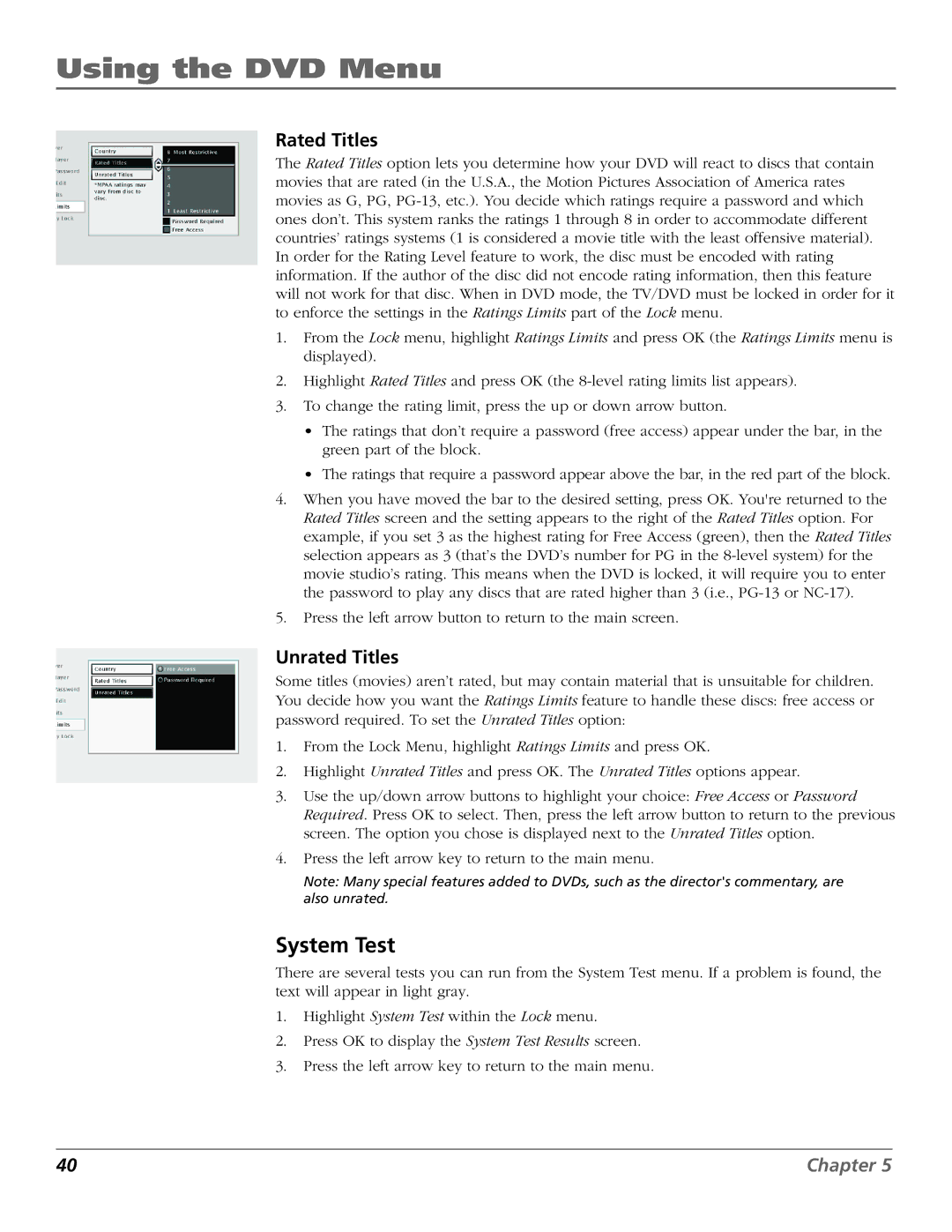 RCA D52W27D manual System Test, Rated Titles, Unrated Titles 