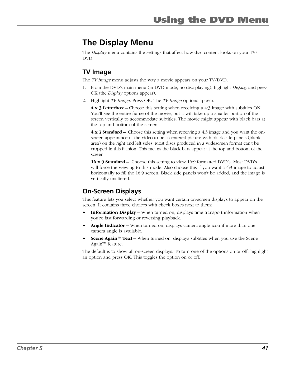 RCA D52W27D manual Display Menu, TV Image, On-Screen Displays 