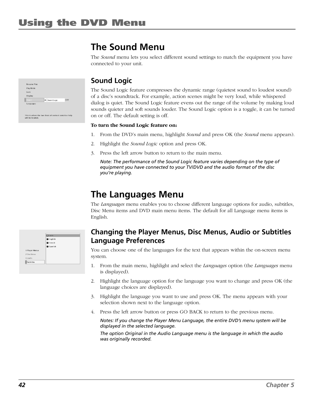 RCA D52W27D manual Sound Menu, Languages Menu, To turn the Sound Logic feature on 