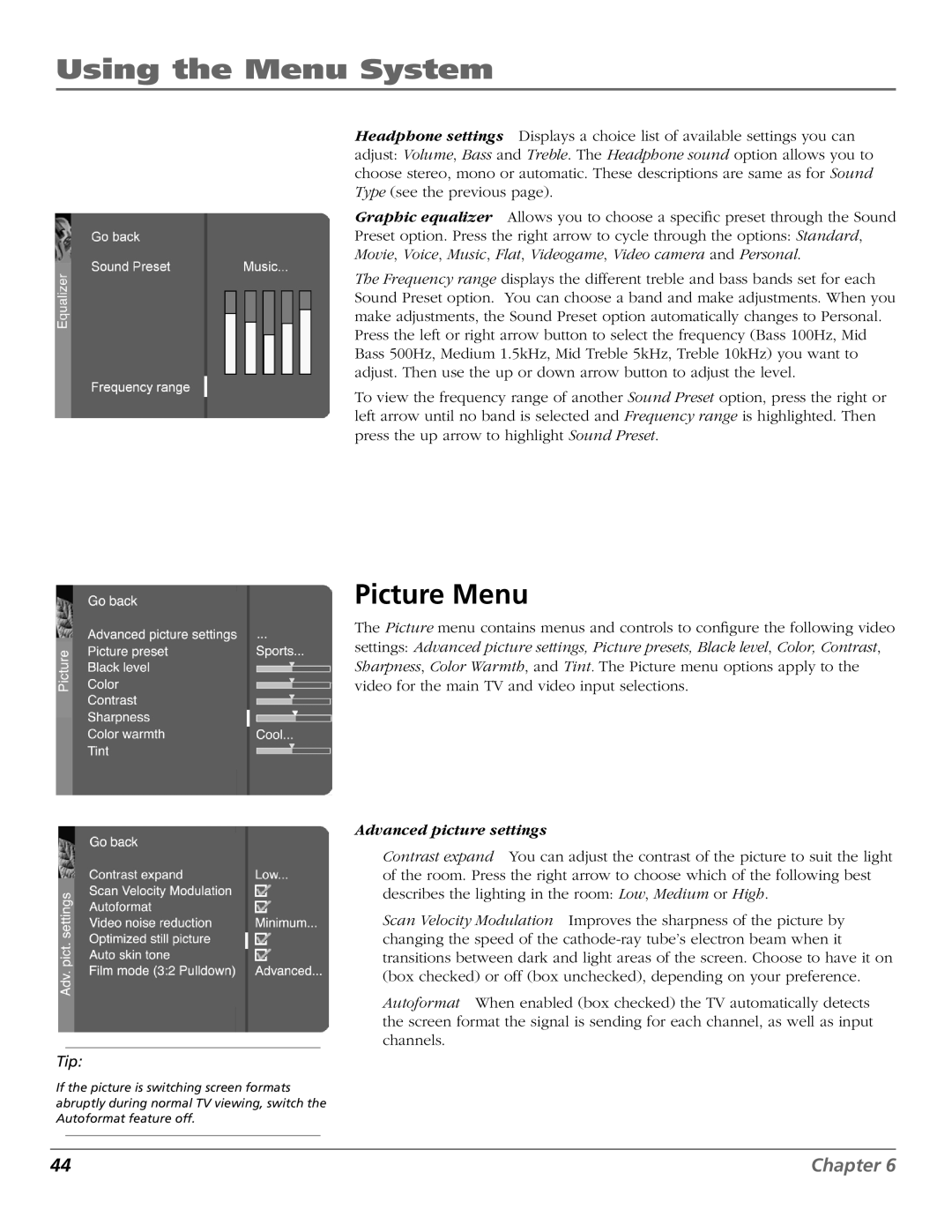 RCA D52W27D manual Using the Menu System, Picture Menu 