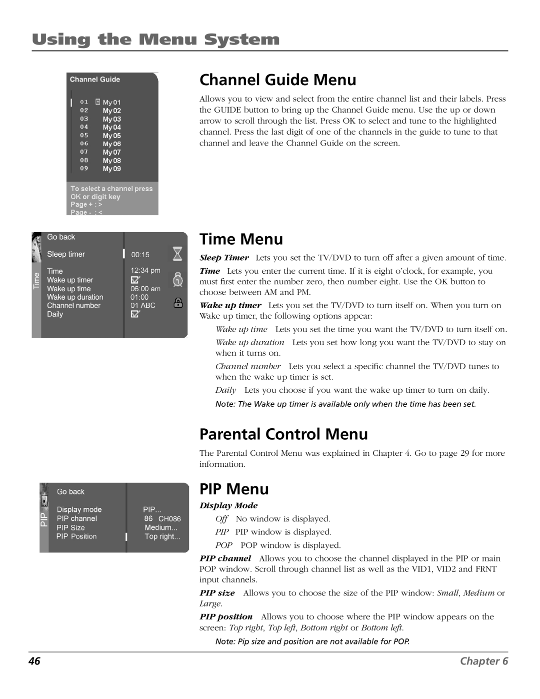 RCA D52W27D manual Channel Guide Menu, Time Menu, Parental Control Menu, PIP Menu 