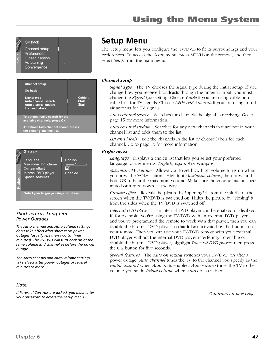 RCA D52W27D manual Setup Menu, Short-term vs. Long-term Power Outages 