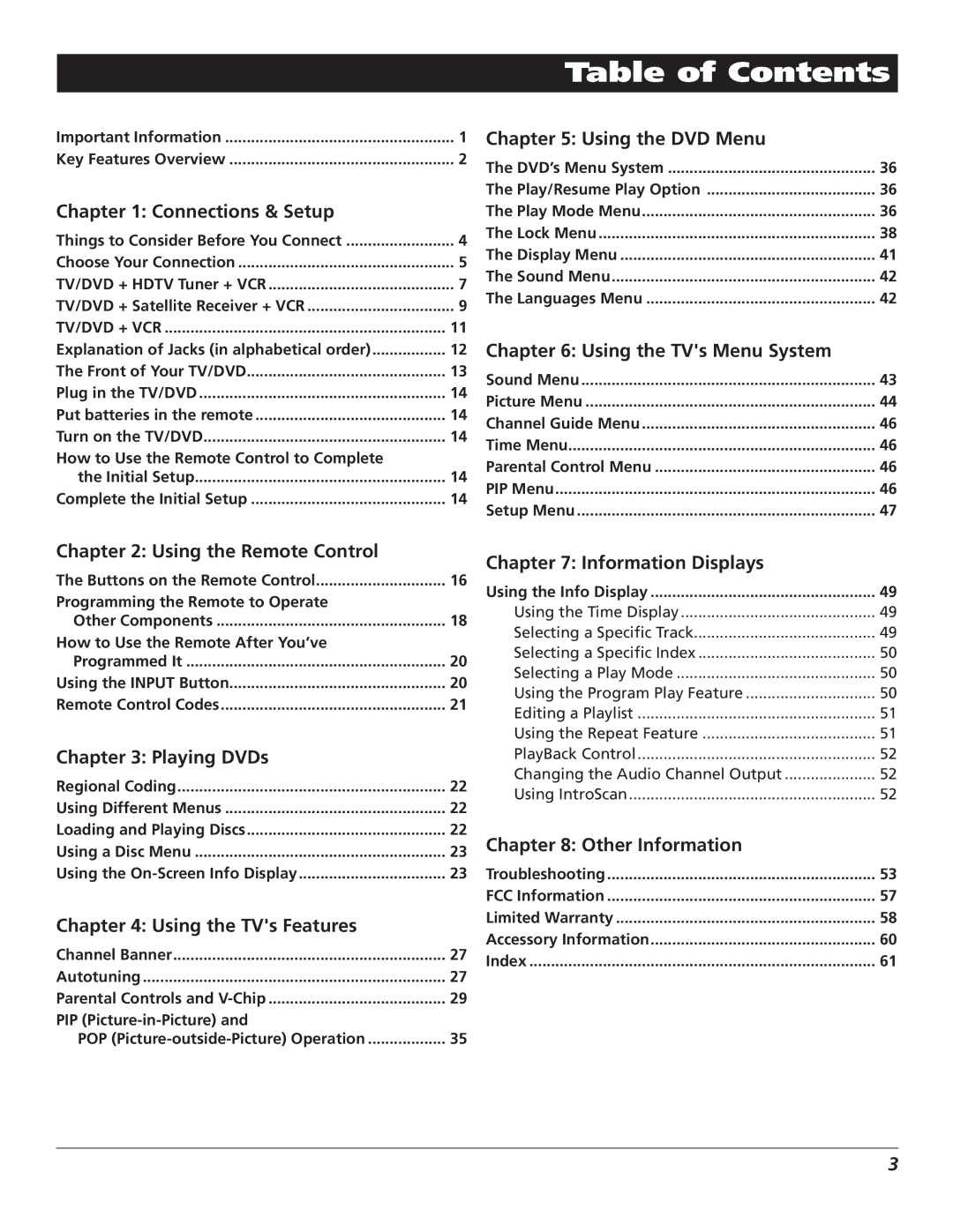 RCA D52W27D manual Table of Contents 