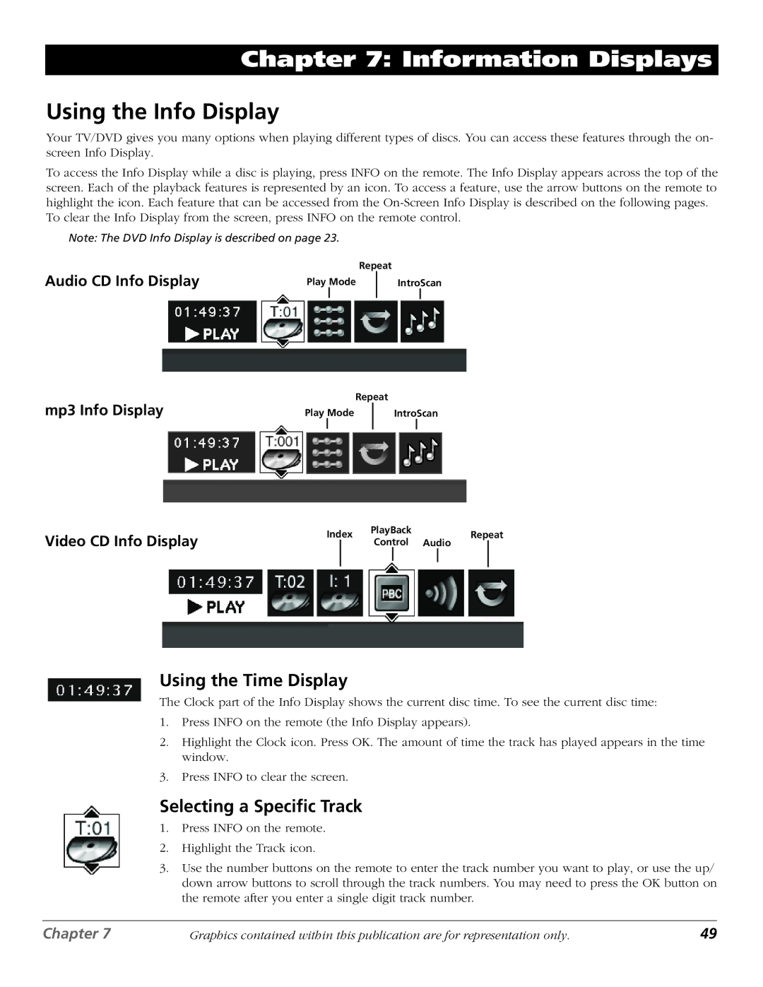 RCA D52W27D manual Information Displays, Using the Info Display, Using the Time Display, Selecting a Specific Track 