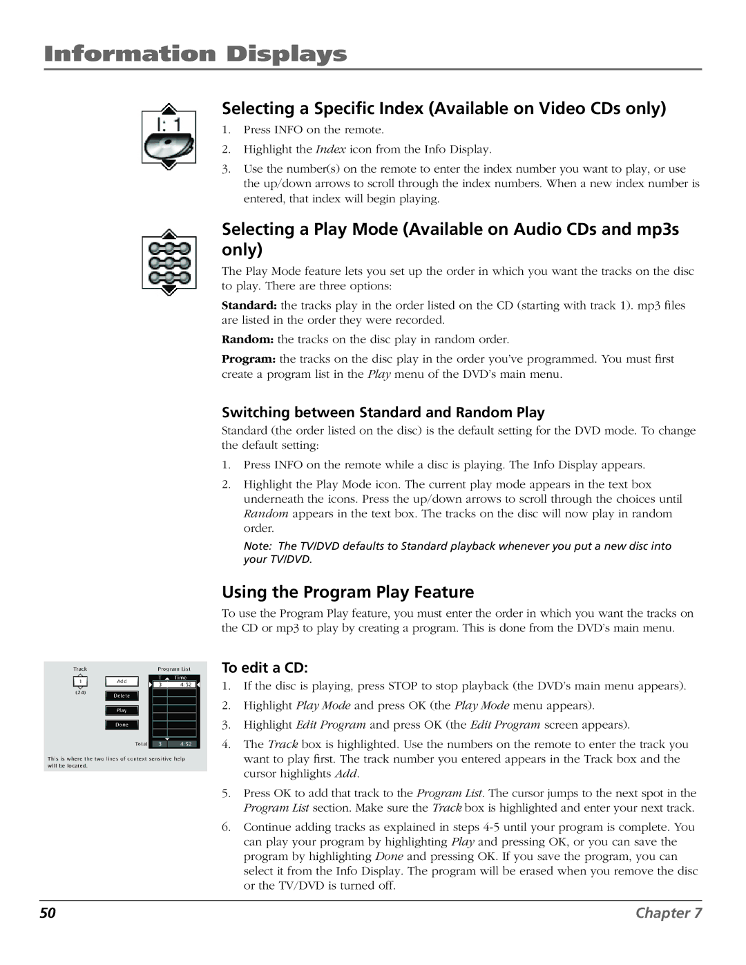 RCA D52W27D Information Displays, Selecting a Specific Index Available on Video CDs only, Using the Program Play Feature 