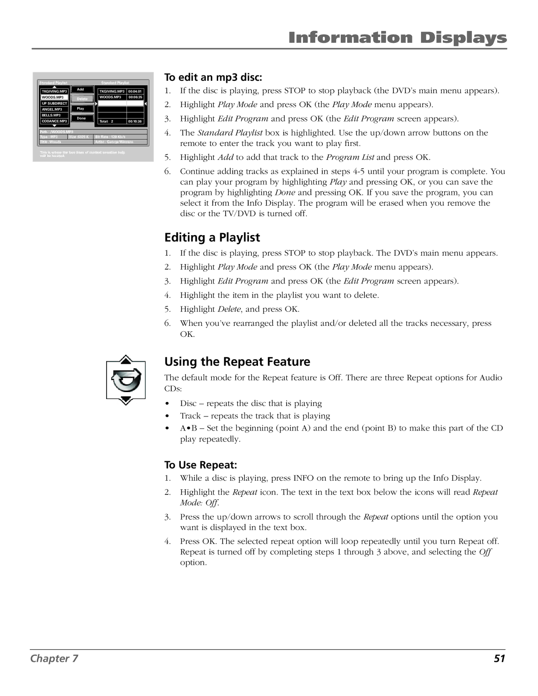 RCA D52W27D manual Editing a Playlist, To edit an mp3 disc 