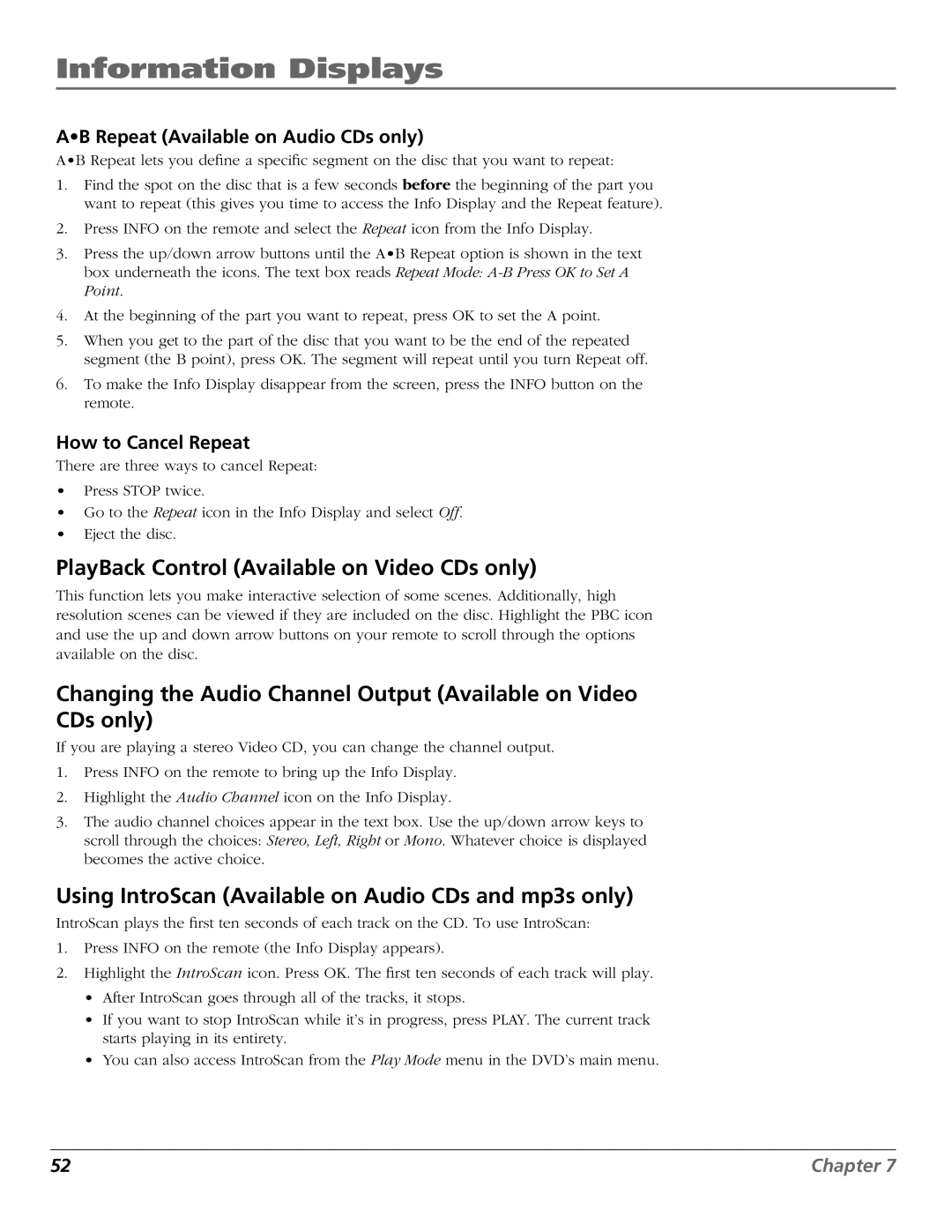 RCA D52W27D manual PlayBack Control Available on Video CDs only, Using IntroScan Available on Audio CDs and mp3s only 