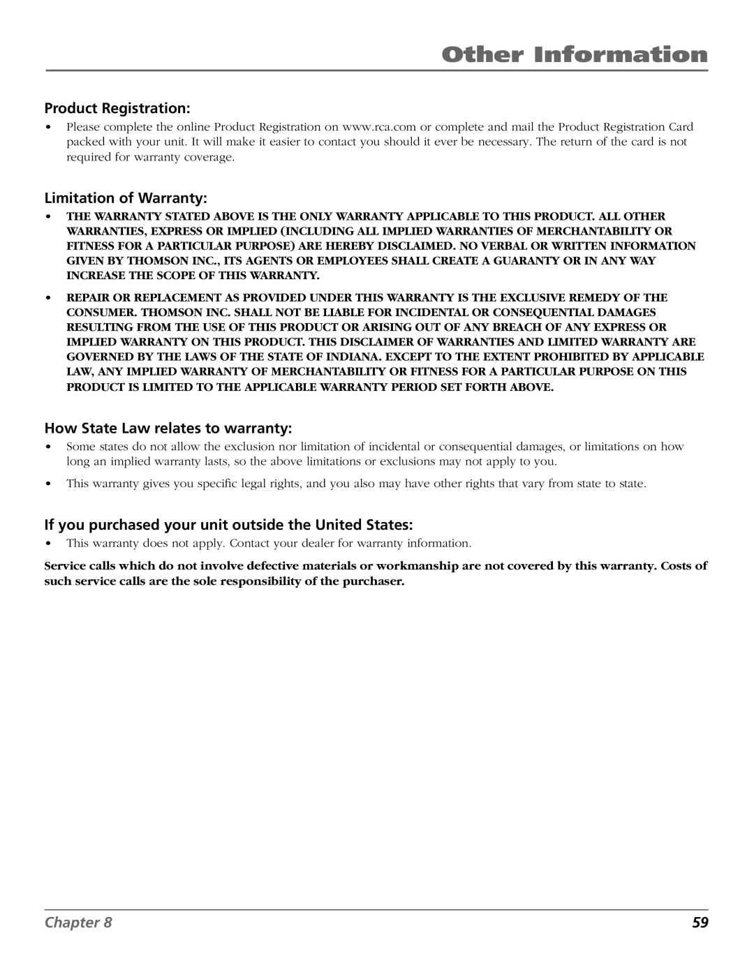 RCA D52W27D manual Product Registration Limitation of Warranty, How State Law relates to warranty 