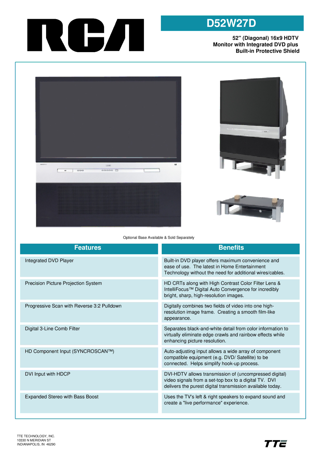 RCA D52W27D manual TTE TECHNOLOGY, INC N Meridian ST INDIANAPOLIS 