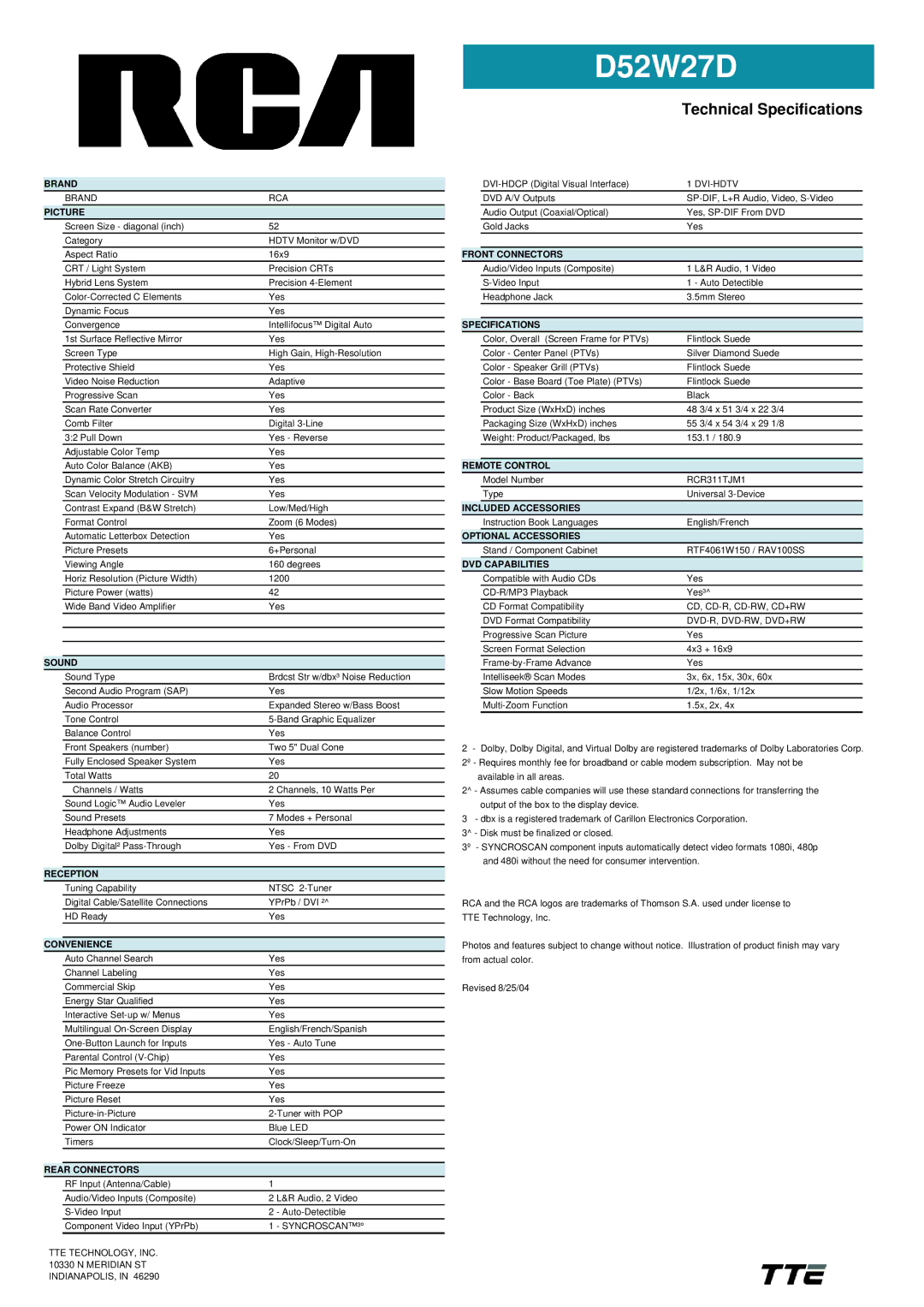 RCA D52W27D manual Brand, Picture, Sound, Reception, Convenience, Rear Connectors, Front Connectors, Specifications 