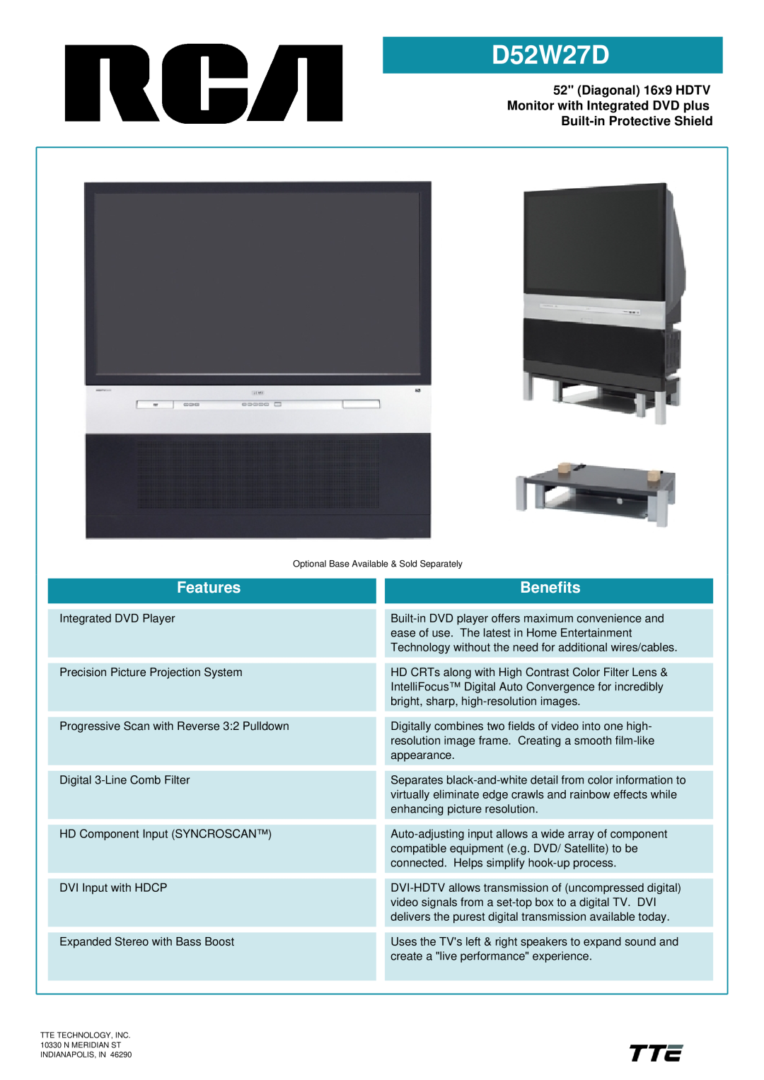 RCA D52W27D manual Features, Benefits 
