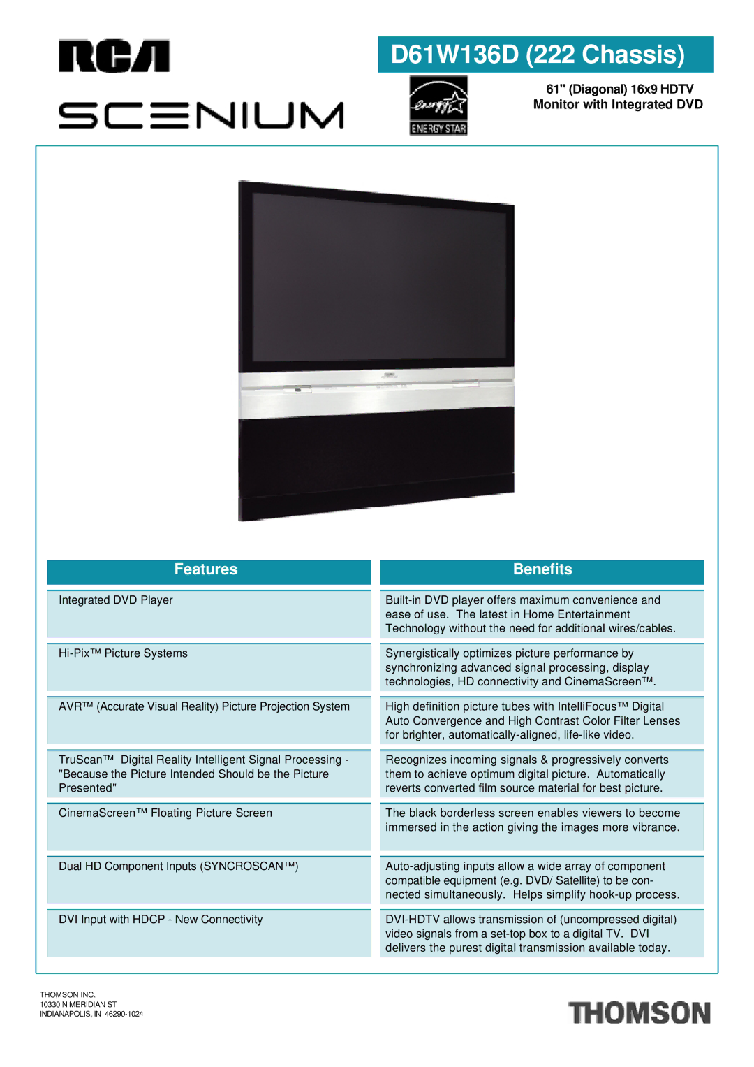 RCA D61W136D manual Features, Benefits, Thomson INC Meridian ST INDIANAPOLIS 