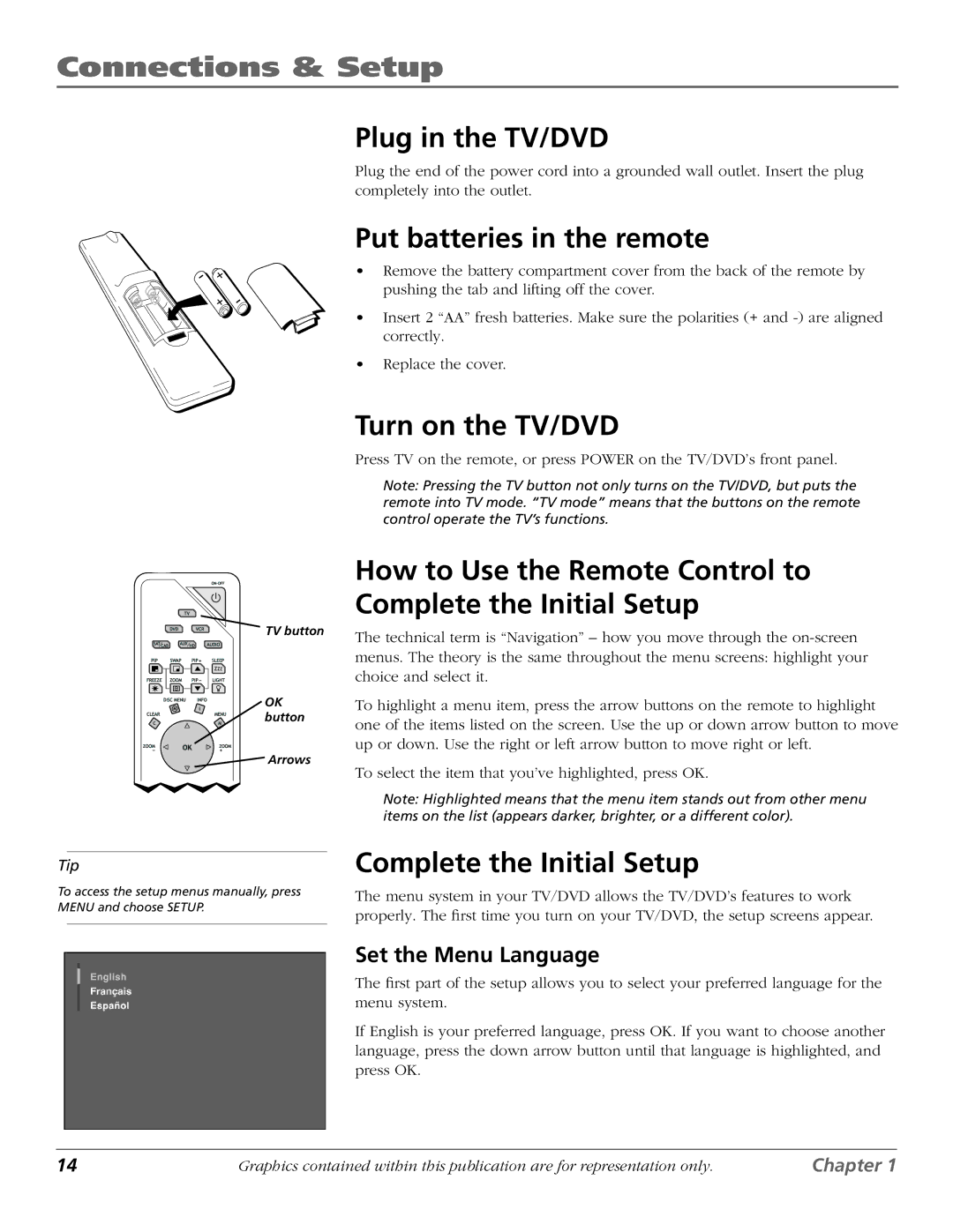 RCA D61W136DB manual Plug in the TV/DVD, Put batteries in the remote, Turn on the TV/DVD, Complete the Initial Setup 