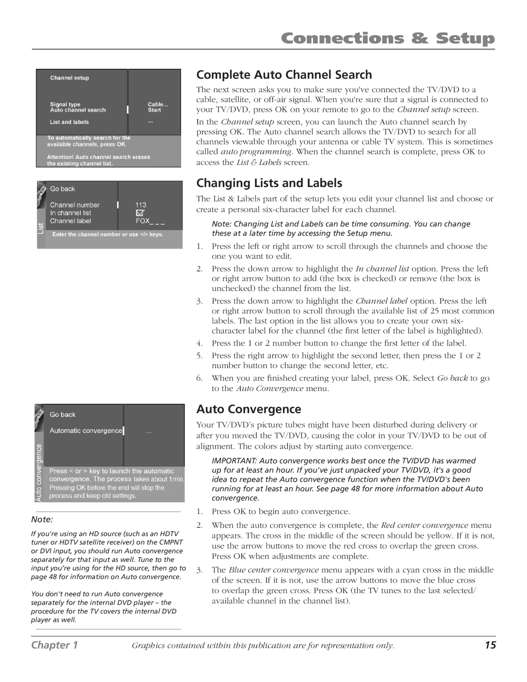 RCA D61W136DB manual Complete Auto Channel Search, Changing Lists and Labels, Auto Convergence 