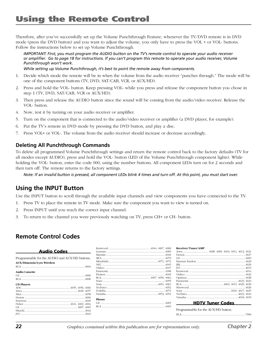 RCA D61W136DB manual Using the Input Button, Remote Control Codes, Deleting All Punchthrough Commands, Audio Codes 