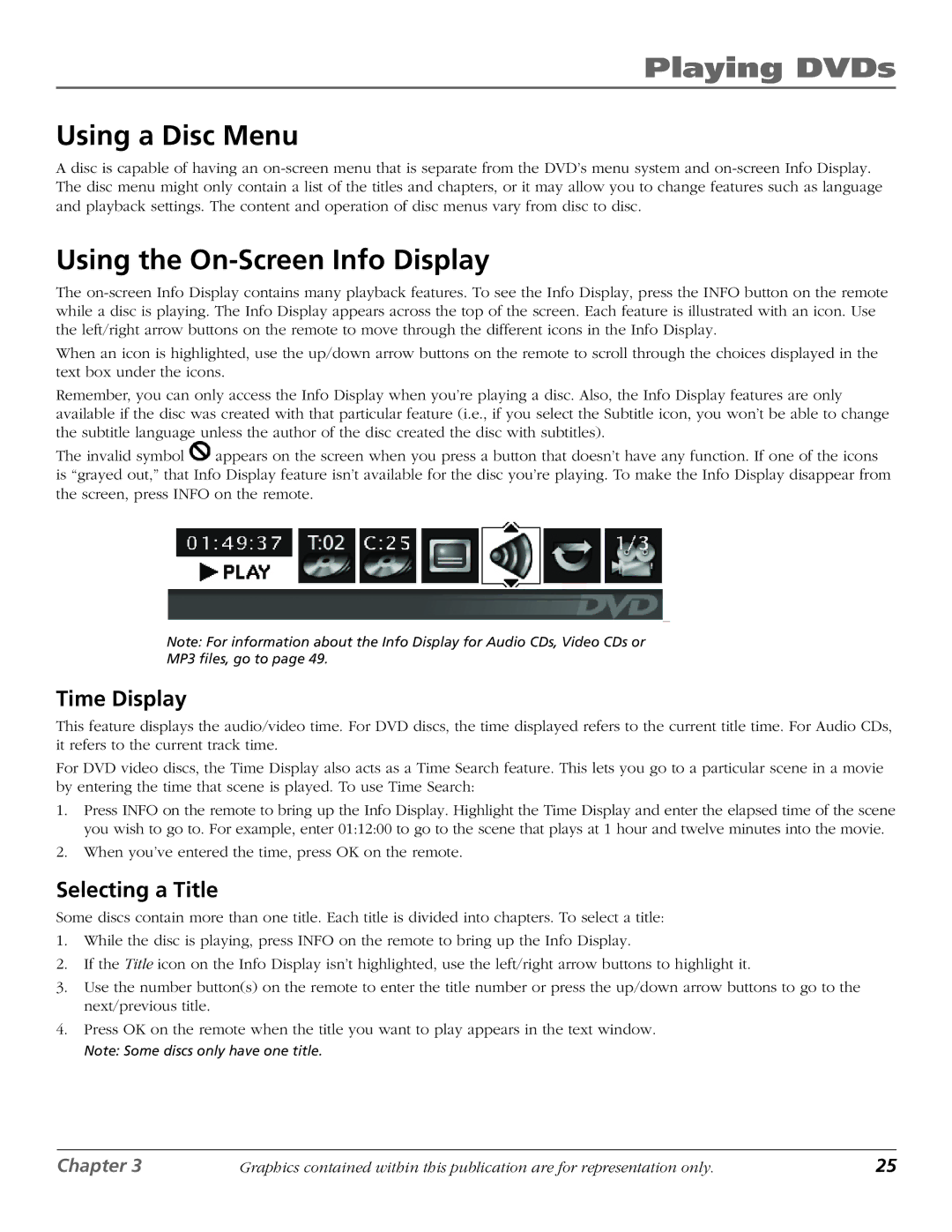 RCA D61W136DB manual Using a Disc Menu, Using the On-Screen Info Display, Time Display, Selecting a Title 